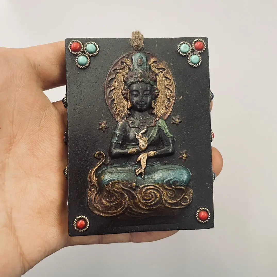 Free shipping meteorite thangka amulet, natural magnetic field, inlaid with dzi beads and gemstones