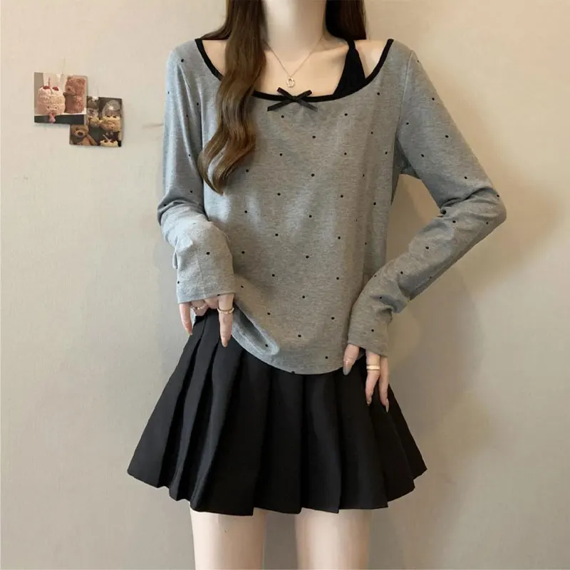 

French Style Spliced Bow T-shirt Female Clothing Sweet Polka Dot Spring Autumn Commute Round Neck Casual Long Sleeve Pullovers