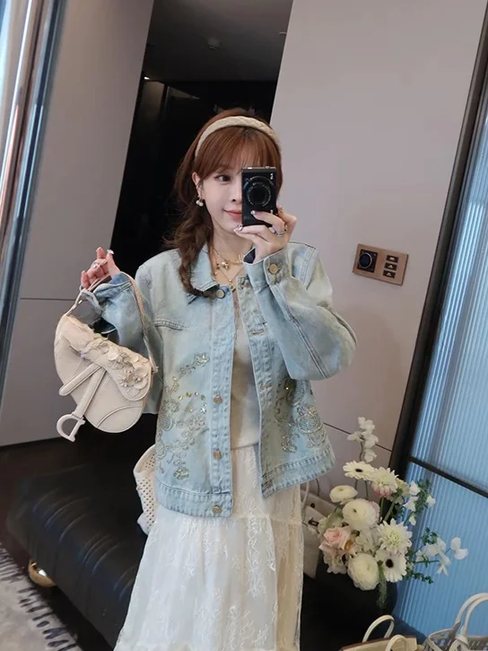 

Mimius Korean Style Embroidered Heavy Duty Short Thin Denim Jacket Women's Spring New Fashion Cotton Shirt Sleeve Button Closure