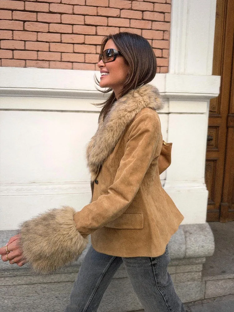 HH النساء انفصال الفراء طوق دعوى معاطف شيك سترة التلبيب طويلة الأكمام جيوب تزيين واحدة الصدر الإناث الموضة الحلل