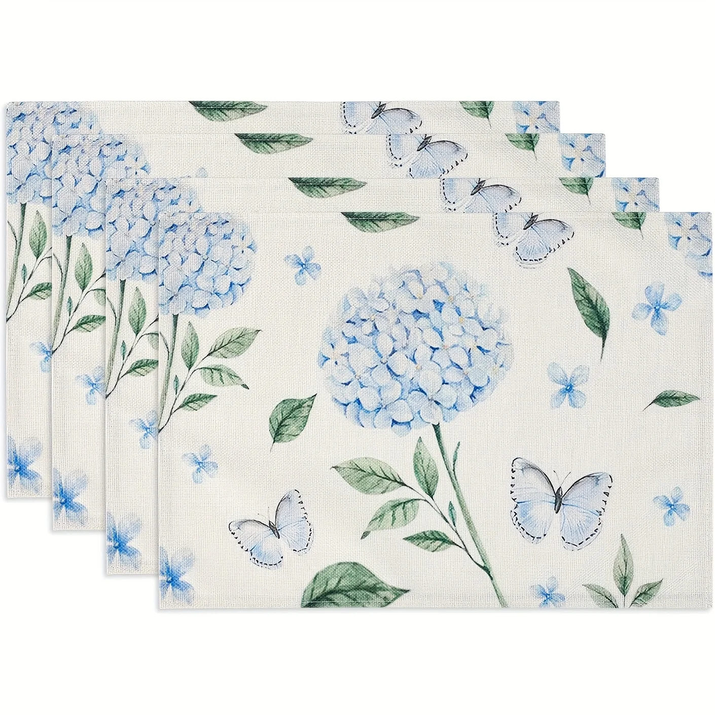 4/6/8pc Summer Blue Hydrangea Butterfly Linen Placemats Fresh Floral Kitchen Dining Table Decor Washable Heat Resistant Mats