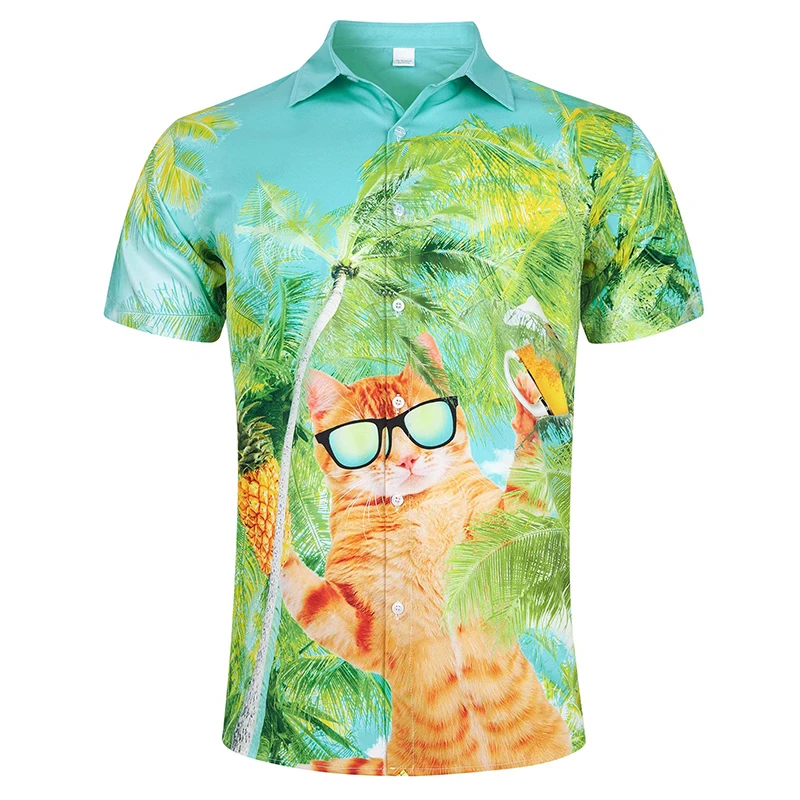 Summer Mens Hawaiian Shirts 3D Print Funny Cat Graphic Beach Shirt Casual Short Sleeve Button Down Aloha Dress T Shirts Clothes