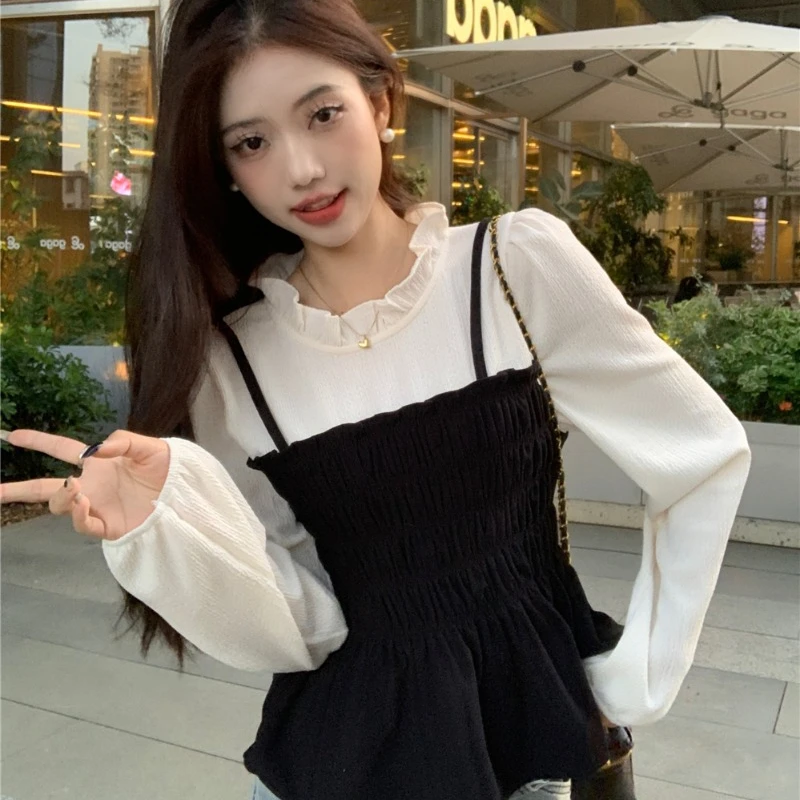 Corduroy Fake Two-piece T-shirt Women Autumn New Arrival Korean Fashion Long Sleeve Slim Tops Casual Versatile Thin Tops Female