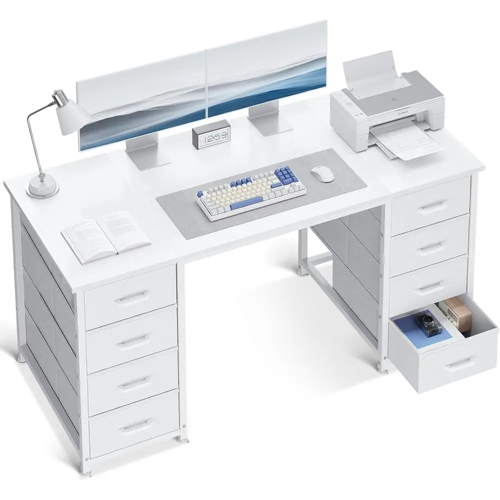 Bureau d'ordinateur blanc de 48 pouces avec 8 tiroirs, bureau de travail avec grand rangement pour bureau à domicile, étude, jeux, blanc