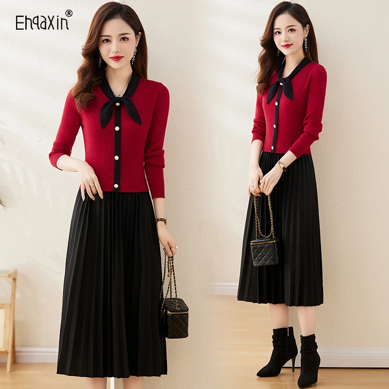 

EHQAXIN 2024 Autumn Winter Womens New Knitted Dress Elegant Contrast Splicing Bow Collar Button Sweater Dresses For Female M-2XL