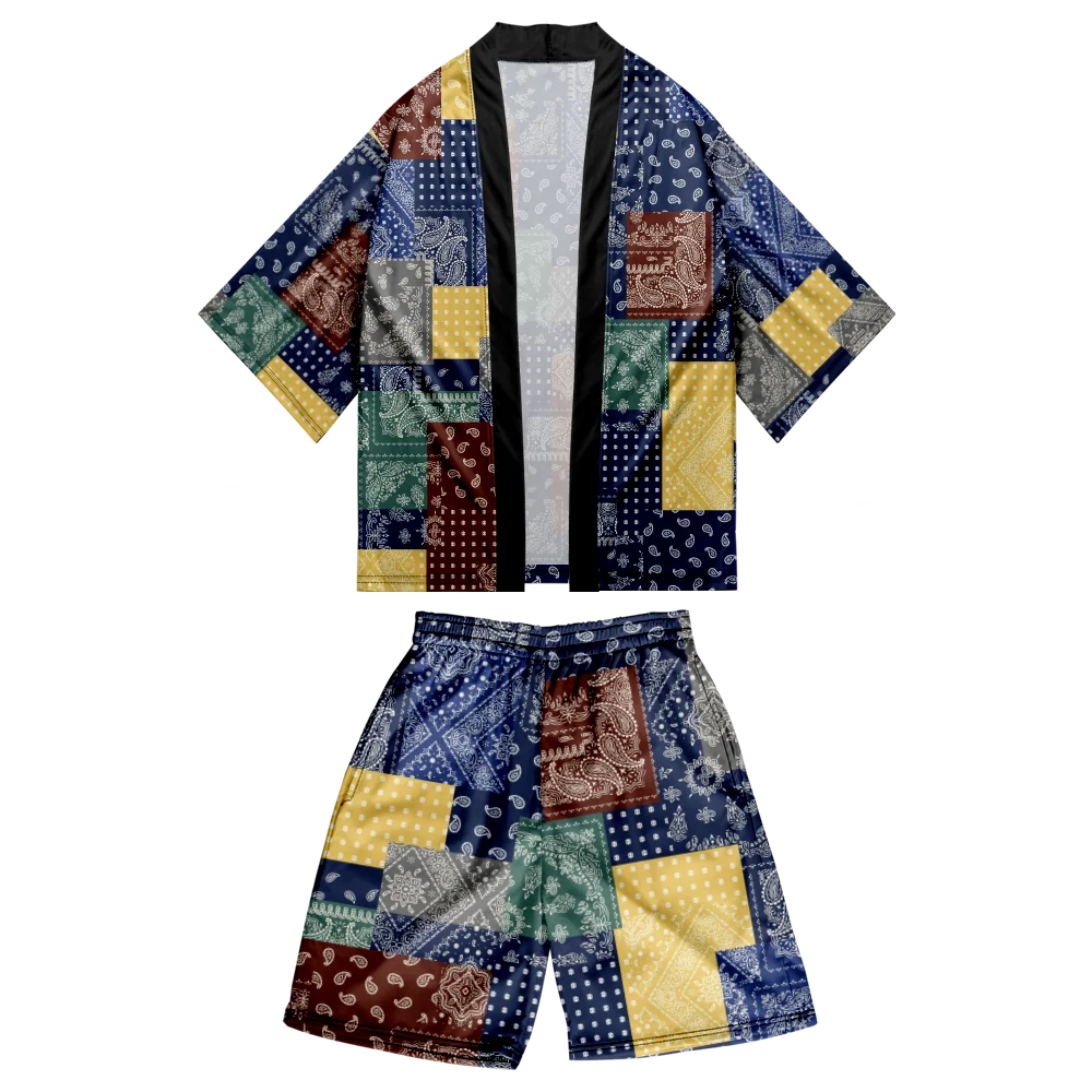 Harajuku Cashew Print Cardigan Haori Cosplay Kimono Shorts Sets Japanese Traditional Clothes Women Men Two Piece Suit