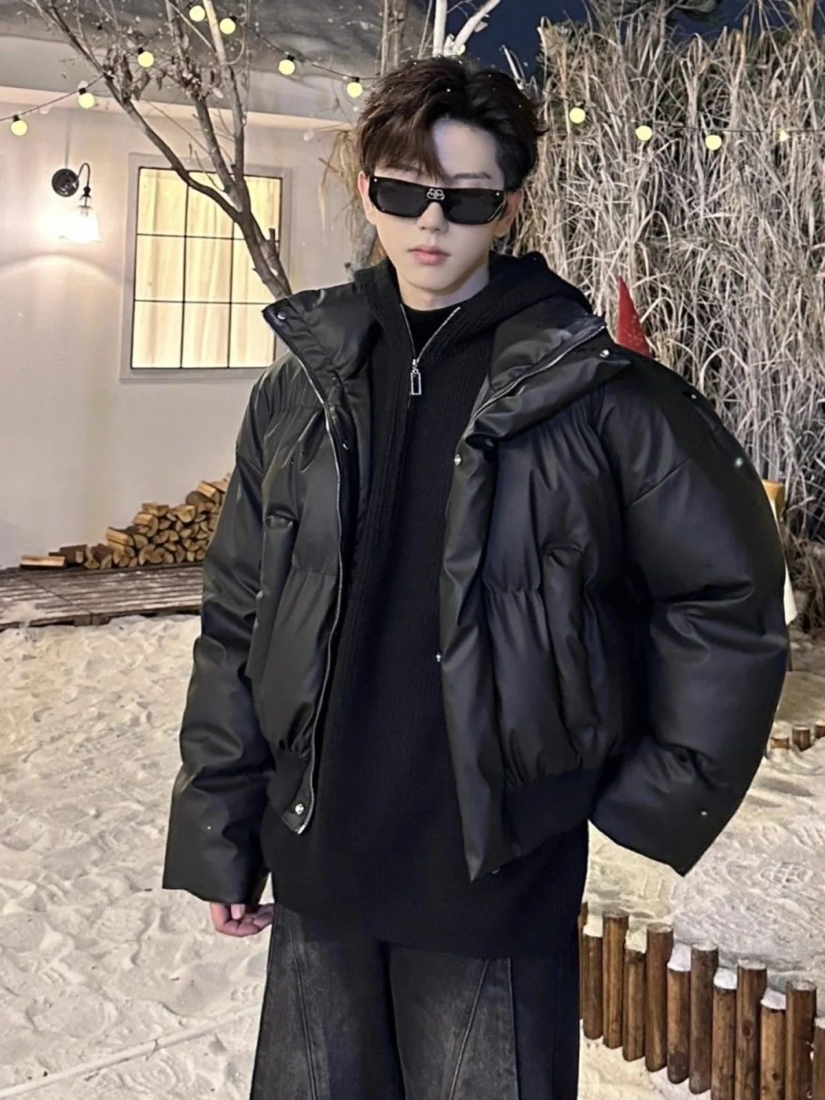 

Korean Sle Men's ort Thiened Stand Collar PU Leather down Jaet Warm Casual Hooded Coat Youth Faion Winter Clothes