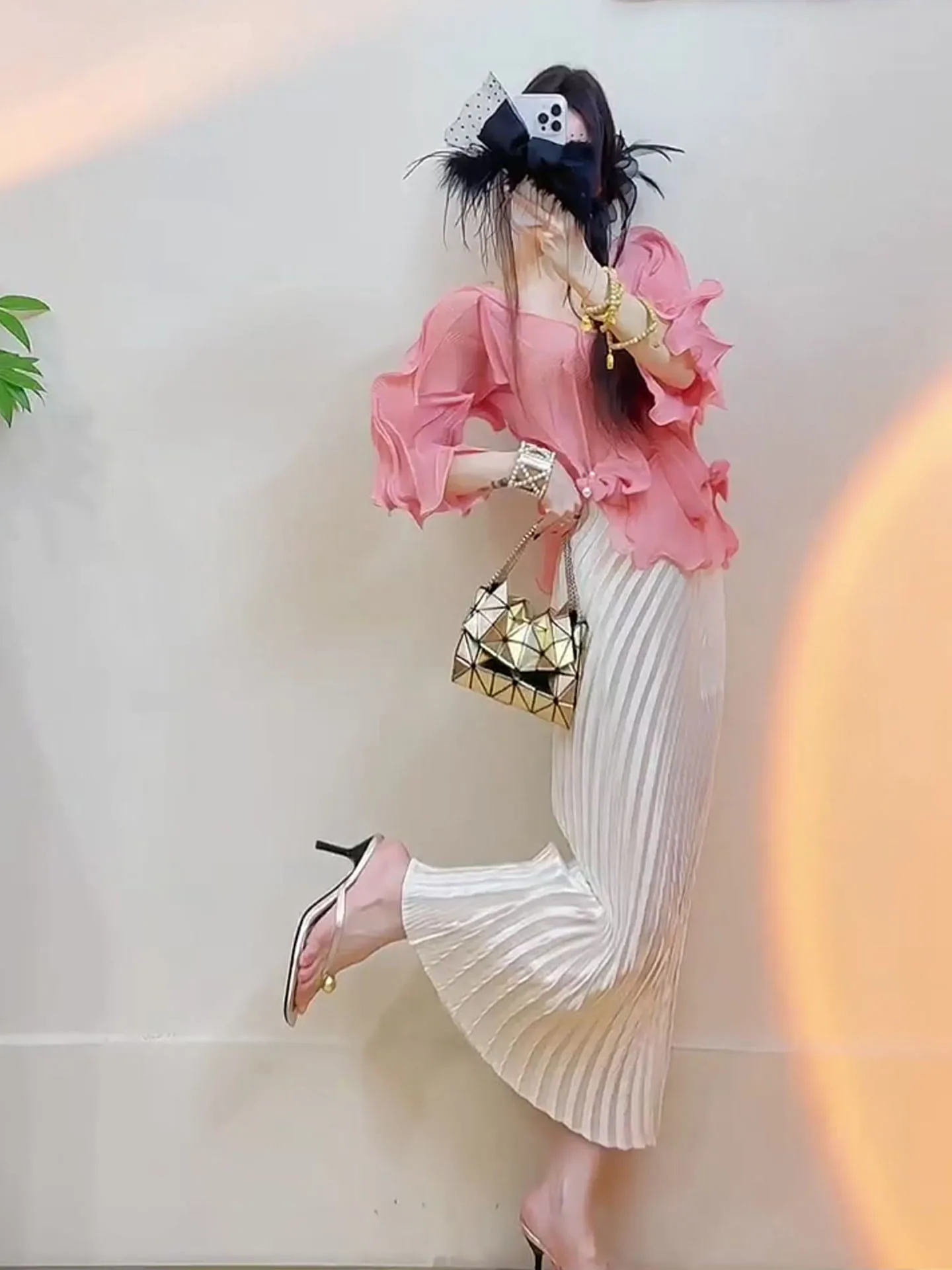 

Three-Part Set Pink Summer Asymmetrical Top And Skirt Crease Elegant Fashionable Women over 35 Years Old Chinese Brand