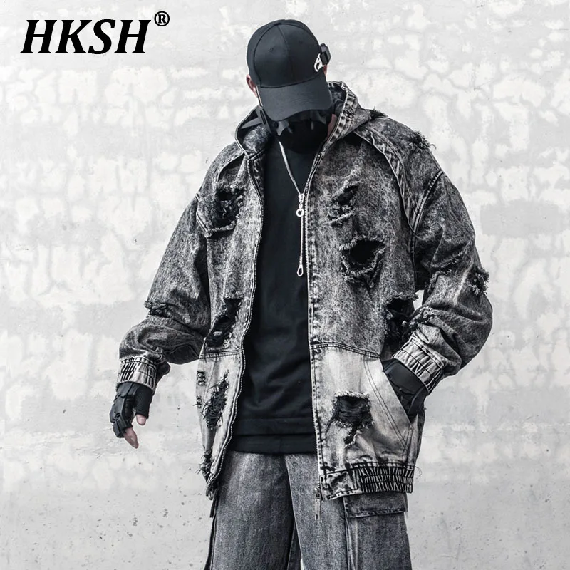 

HKSH Niche Tactical Vintage Washed Waste Land Hooded Denim Jackets Distressed High Street Zipper Casual Men's Punk Coats HK2536