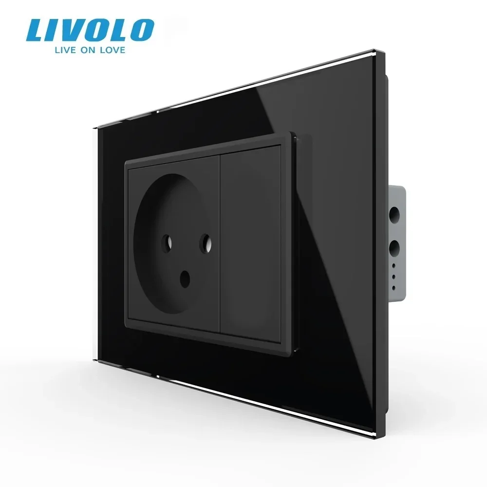 Livolo Israel Power Socket Sensor ,White/Black Crystal Glass Panel, AC 110~250V 16A Wall Electric Plug Outlet, VL-C9C1IL-11