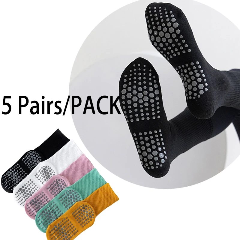 5 pairs Women Anti-skid Yoga Socks Grips Cotton Mid-tube Bottom Breathable Fitness Dance Barre Workout Pilates Socks 8 Colors