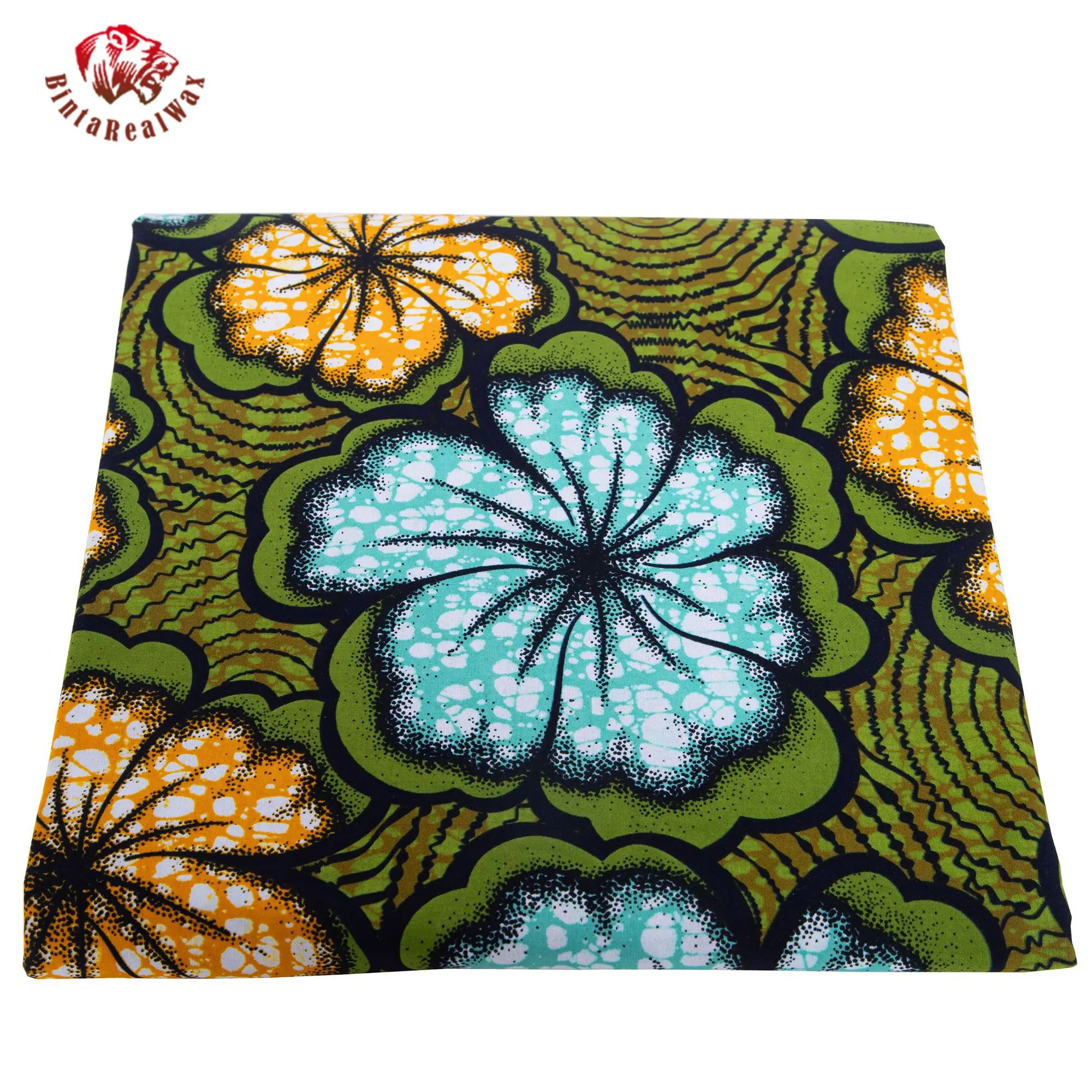 African Wax Print Fabric, Green Background with Blue Yellow Floral Patterns, 100% Cotton Ankara Fabric for Dress Making 24FS1630 view 6