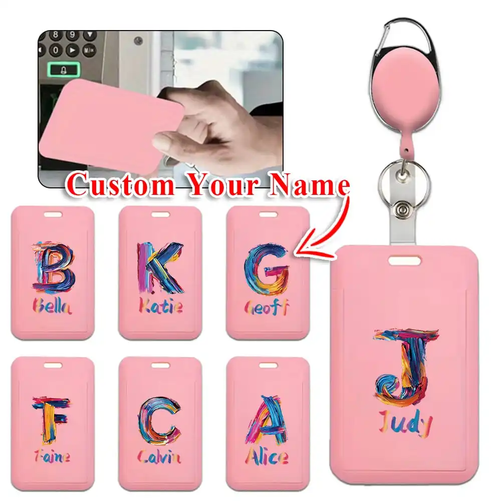 

Customized Name Retractable ID Badge Clip Holder Employee Card Protective Cover with Keychain Clip Durable Name Tag Card Holder