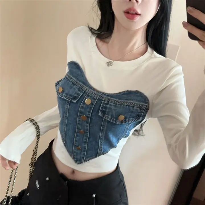 Korean Version Love Denim Patchwork Long Sleeved T-shirt for Spicy Girls Short Top for Women