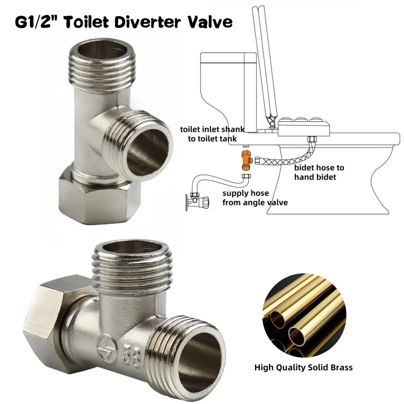 Toilet Diverter Valve Splitter Copper T Adapter G1/2