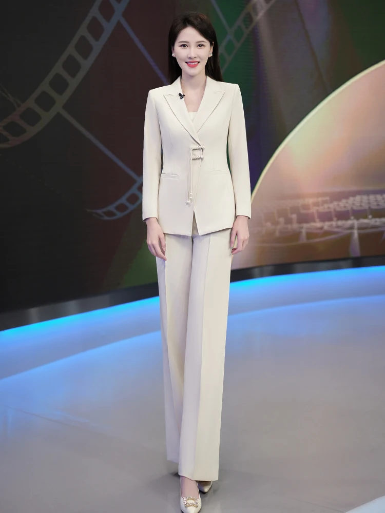 

Костюм женский деловой, профессиональный, с высокой талией, широкими штанинами, формальный, из полиэстера, с длинным рукавом