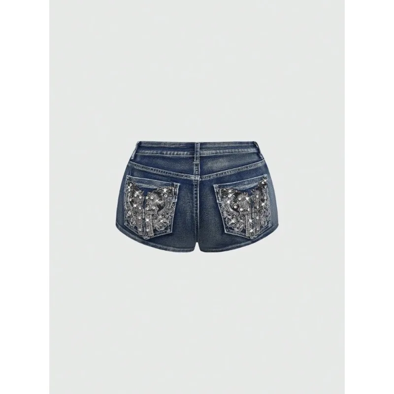 Low Rise Distressed Denim Shorts Female Jeans Womens Jeans Shorts Vintage Y2K Punk Style Embroidered Hot Pants