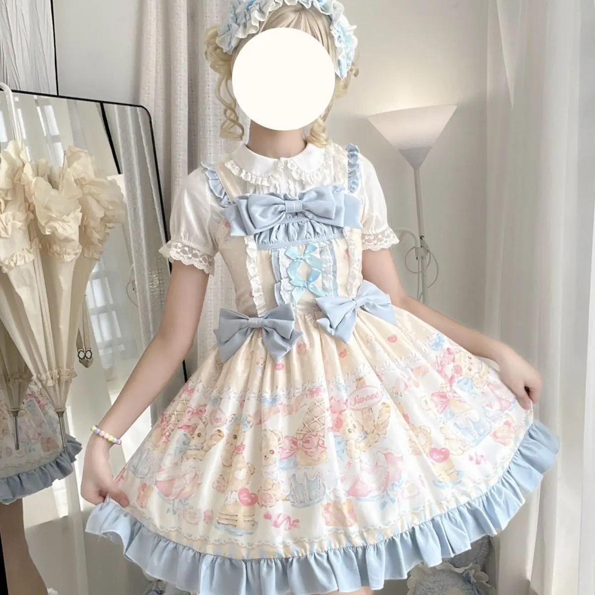

Японская милая Лолита Jsk без рукавов для женщин Kawaii с оборками и бантом с мультяшным принтом для чаепития для девочек, милое платье принцессы на бретельках