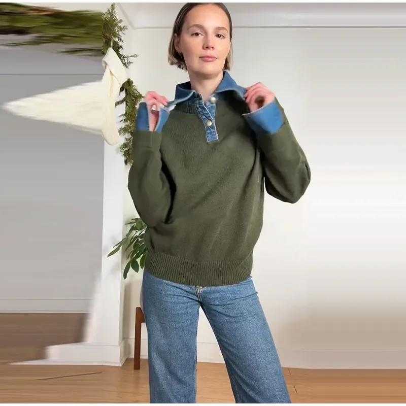 Gedrehter Revers-Kragen Denim-Patchwork Strickpullover für Damen, Streetwear Langarm Locker Sitzende Strickwaren, Schicke Damen-Oberbekleidung Neu – Detail 25