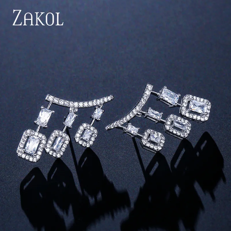 ZAKOL Fashion Sliver Color Tassel Drop Earrings for Women Square Cubic Zircon Girl Party Jewelry