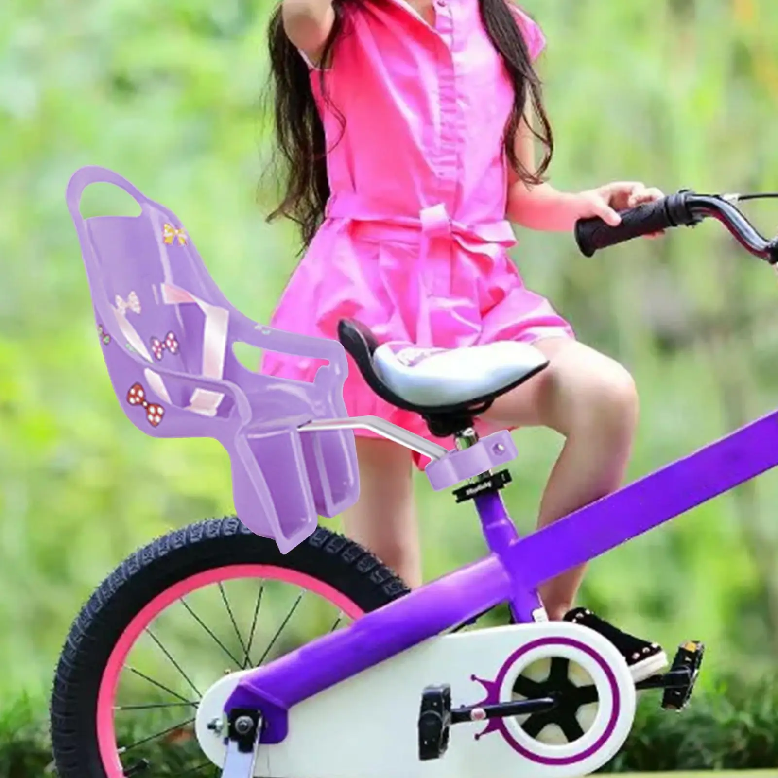 Assento decorativo de bicicleta de boneca com adesivos, acessório de bicicleta infantil para brinquedos de pelúcia, acessórios de cadeira de bicicleta de animais de pelúcia