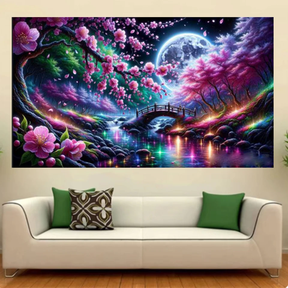 

5D Diamond Painting Cherry Blossom Waterfall Bridge Moon Landscape Full Diamond Rhinestone Mosaic Image Embroidery