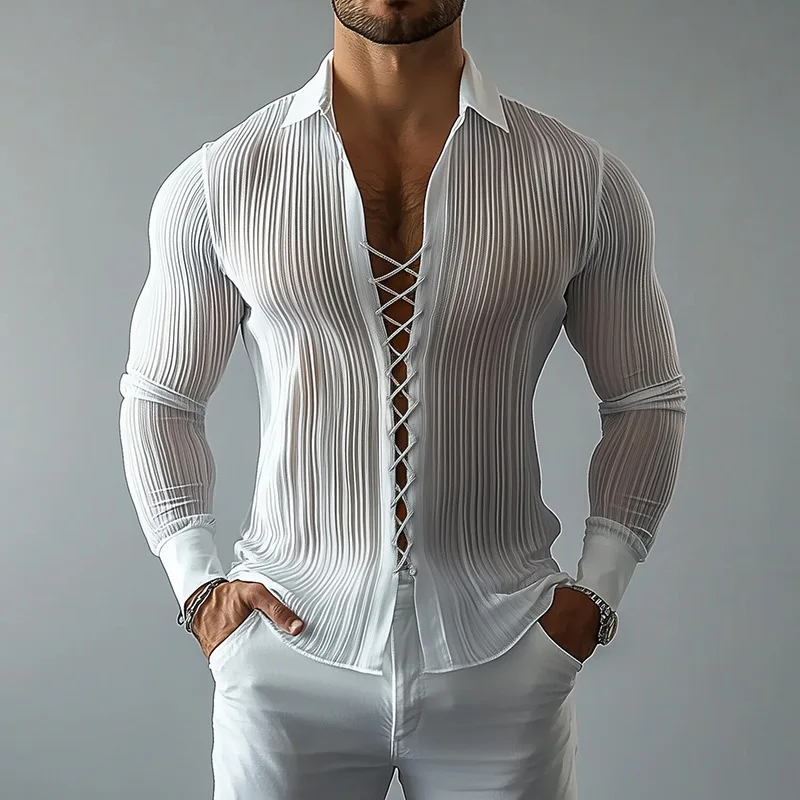 2026 Autumn and Winter New European and American Men's Lapel Strap Design Shirt Hollow Ascetic Style Textured Men's Shirt