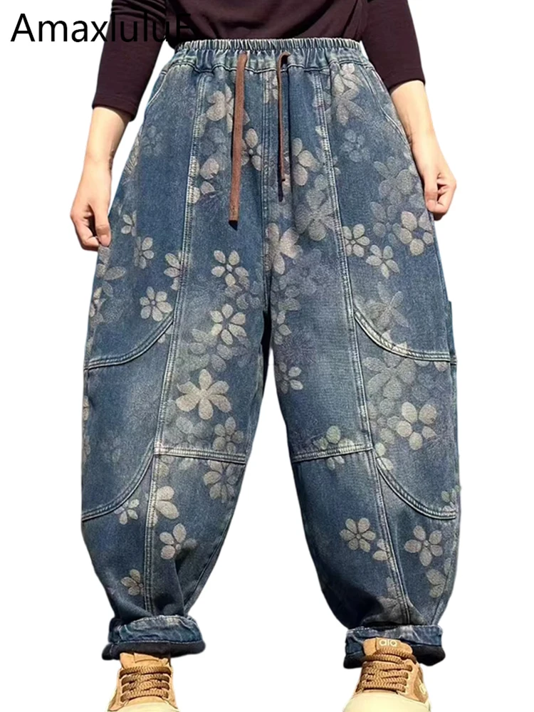 

Amax LuluE Winter European Women Fashion Pritned Thicken Jeans Ladies Vintage Floral Fur Denim Pants Loose Classic Warm Trousers