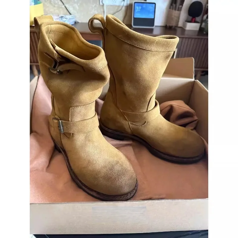 Handmade Vintage Khaki Suede Work Boots Men and Women Engineer Ort Shoes American Retro Motorcycle Boot Faded Mid-Calf Boot