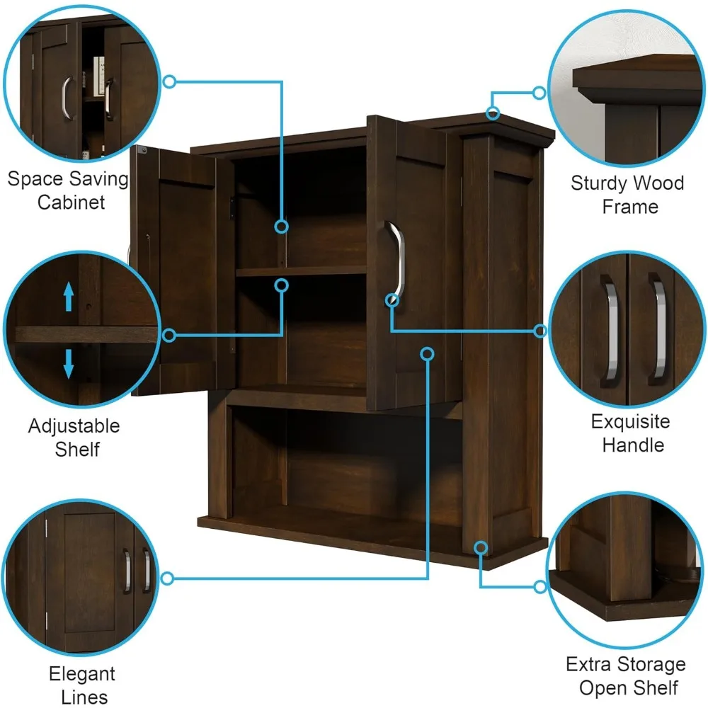 خزانة حائط خشبية بأبواب، وخزائن طبية مع أرفف قابلة للتعديل فوق المرحاض، وخزانة ريفية مثبتة على الحائط للحمام