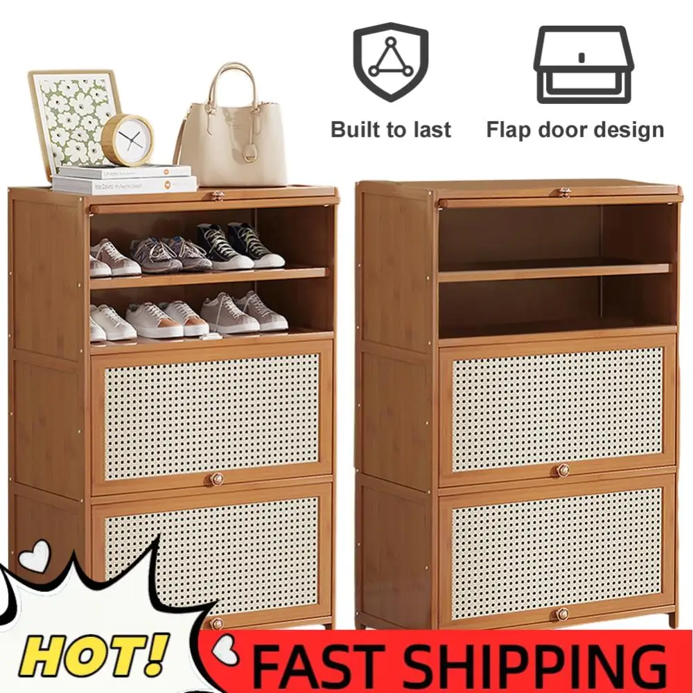 Bamboo Free Standing Shoe Storage Shelf 7-Tier Modern Hidden Shoe Cabinet with 2 Flip Drawers & Door for Closet Hallway Entryway