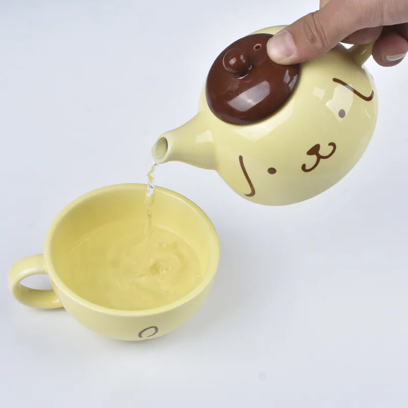 Kawaii Sanrio PomPomPurin Ceramic Cup Double-Deck Teapot Lovely Pom Purin Bowl Gifts For Kids Action Figure Toys Safe Material