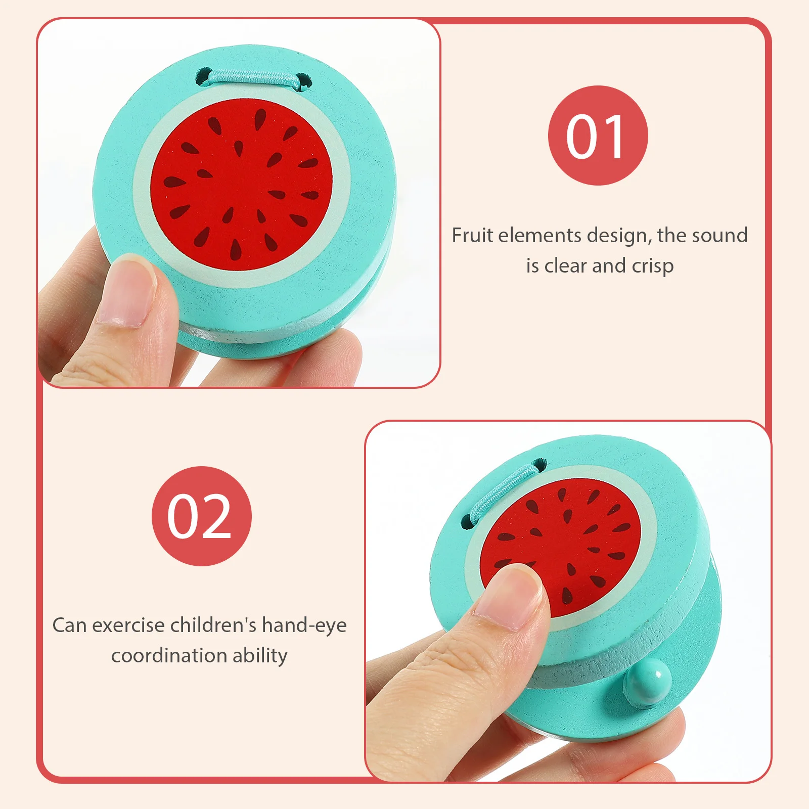 2 pçs crianças castanholas de madeira natural suave chocalhos de dedo com arte de frutas coloridas para desenvolvimento sensorial ideal para pequenos