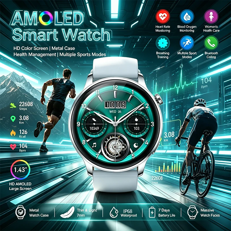 

2026 NFC Smart Sports Watch Configuration 1.43 Inch HD AMOLED Sports Mode BT Call Voice Assistant Health Monitoring Smart Watch