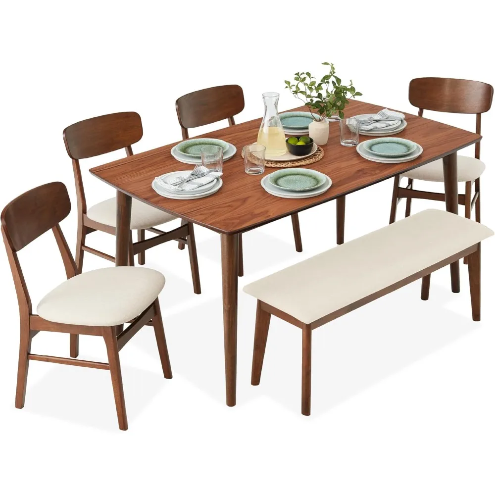 6-Piece Wooden Dining Set, Mid-Century Modern Table & Upholstered Chair Set W/Bench Seat, Rubberwood Legs - Brown/Cream