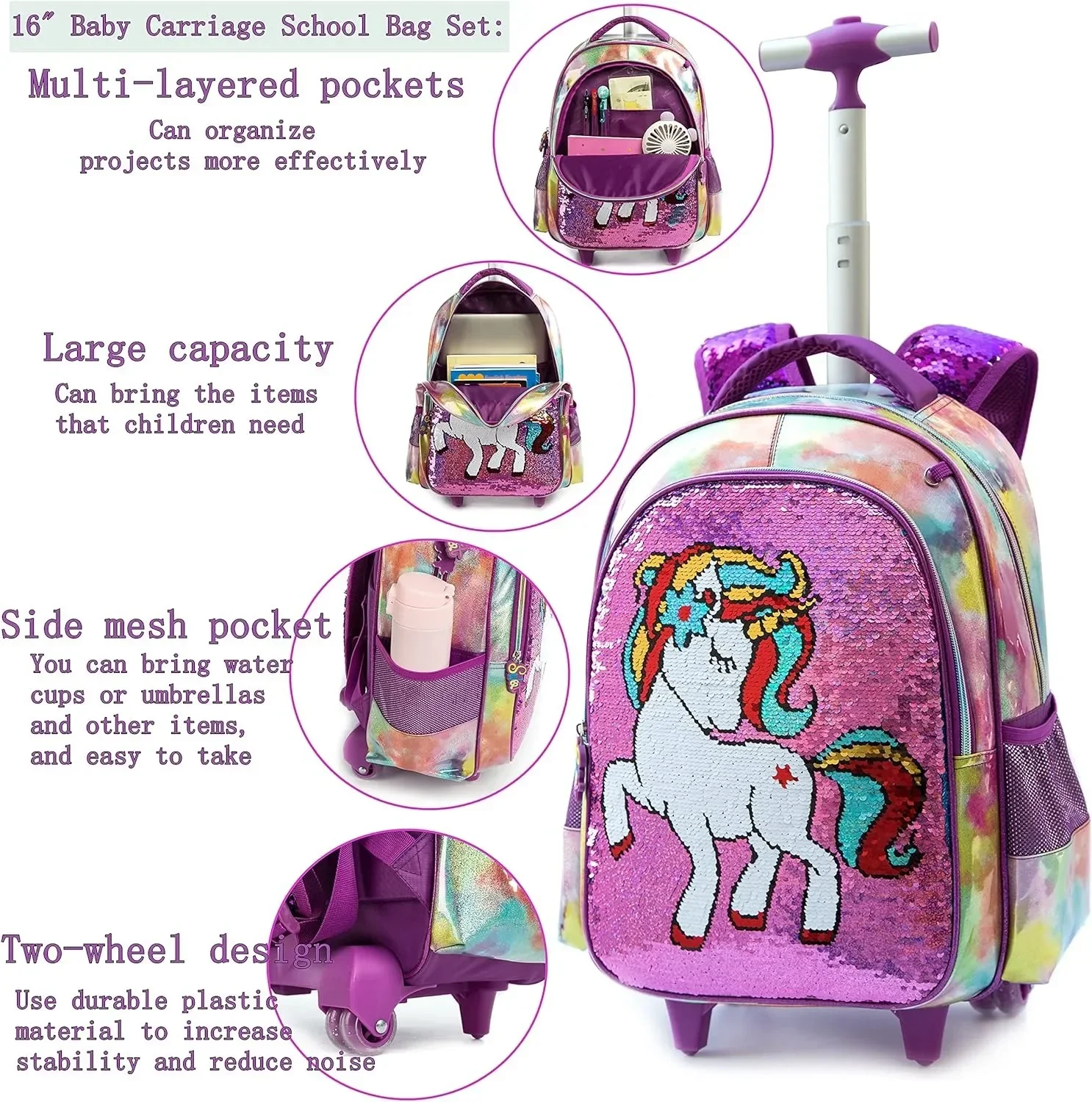 Mochila escolar com lantejoulas para meninas, bolsa infantil de rodas, lancheira, estojos para alunos do ensino fundamental, 16"