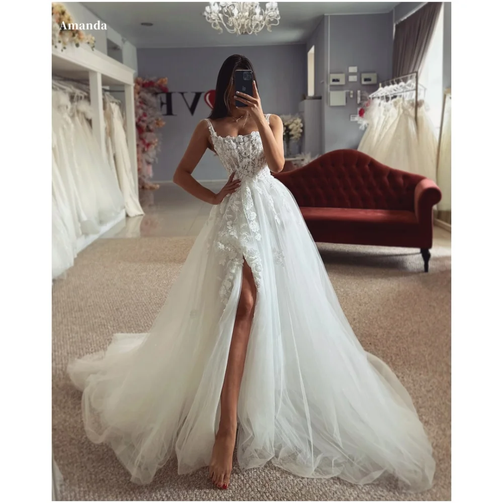 Amanda Customized White Spaghetti Strap Flowers Embroidery Wedding Dresses Mesh Fabric Vestidos De Fiesta Side Slit Party Dress