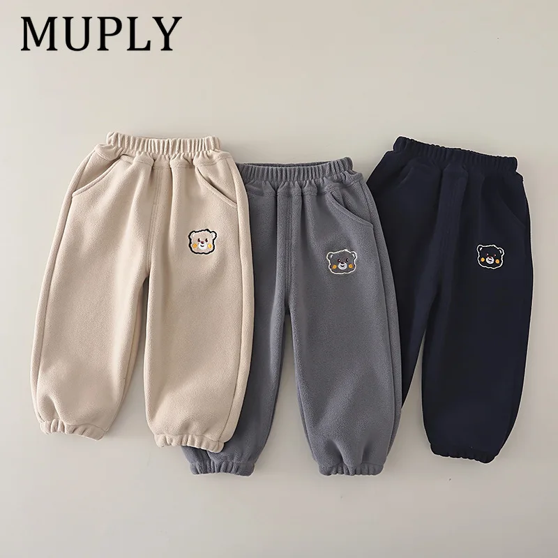 Baby Kids Warm Fleece Jogger Pants Autumn Winter Cute Bear Embroidery Loose Casual Trousers For Boys Girls