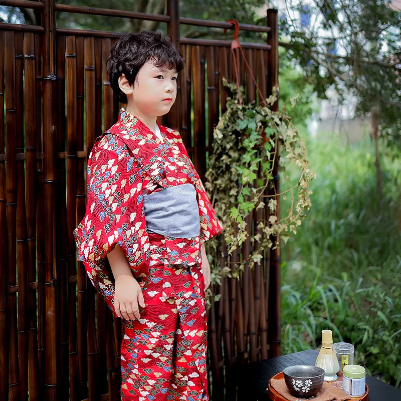 Japanese-style Yukata With Belt Children\'s Kimono For Boy Red Cloud Breathable Traditional Classic