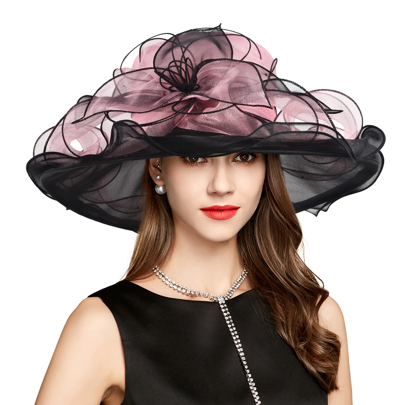 

2024 Women's Organza Kentucky Pink Black Church Hats Tea Fascinator British Top Hat Tea Party Wedding Hat S10-2462