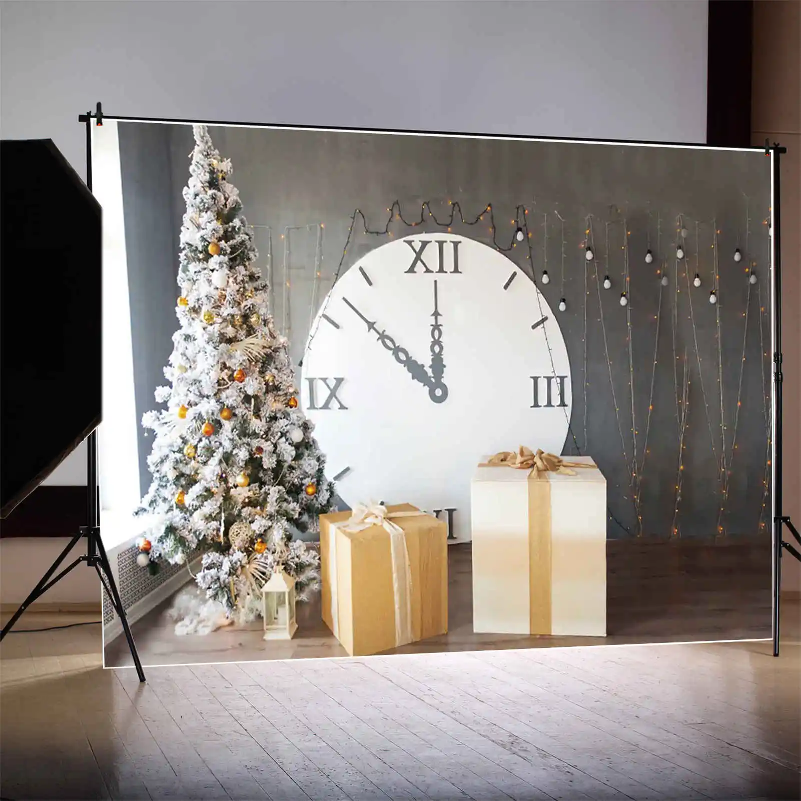 MOON.QG Snowy Christmas Photography Backdrop Clock Gifts Xmas Trees Photozone Background Baby Photo Studio Photocall Supplies