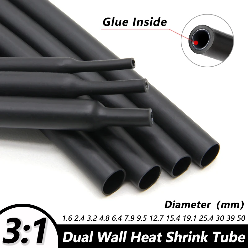 

1~20m Black Dual Wall Heat Shrink Tube Polyolefin Shrinkable Tubing 3:1 Ratio Adhesive Lined Shrink Ratio Insulated Cable Sleeve