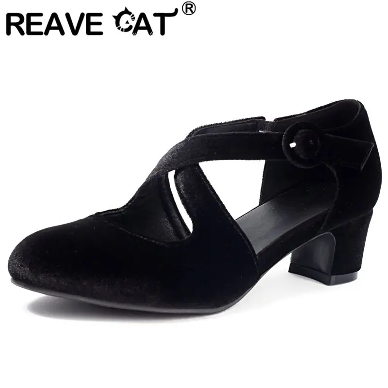REAVE CAT Vintage Lady Sandals Round Toe Flock Suede Chunky Heels 4.5cm Buckle Strap Large Size 41 42 43 Office Lady Shoes