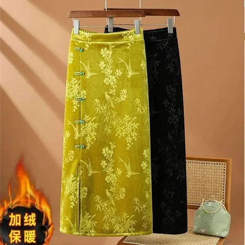 Women Jacquard Golden Velvet Maxi Skirt Female New Large Size 5XL Long Skirts Spring Autumn Ladise Over The Knee Split Hip Skirt