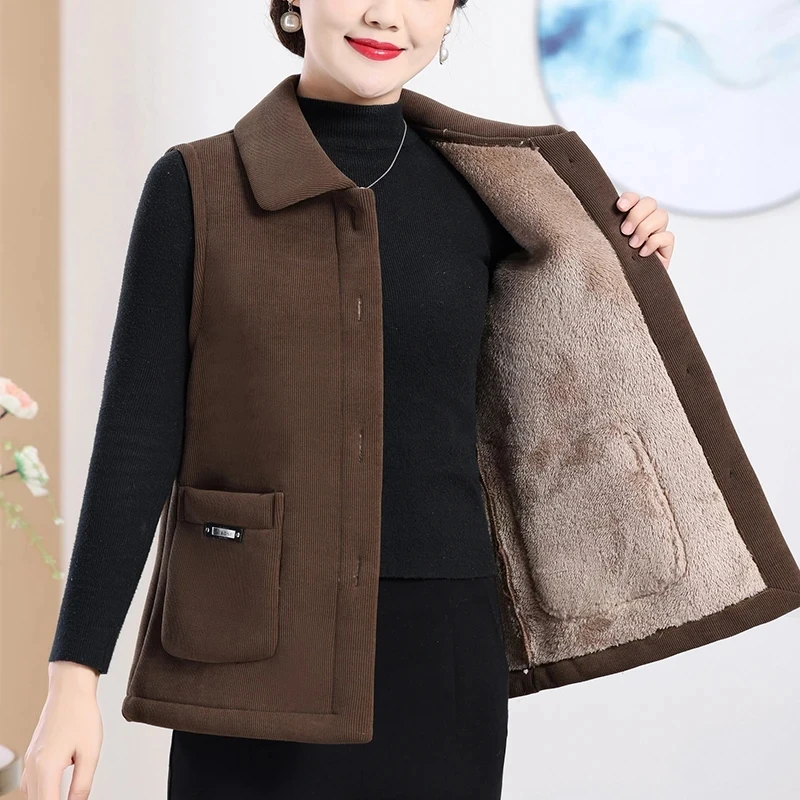 Mom's New Autumn Winter Corduroy Vest Add Velvet Middle-aged Elderly Women's Camisole Jacket Sleeveless Jacket Warm Waistcoat