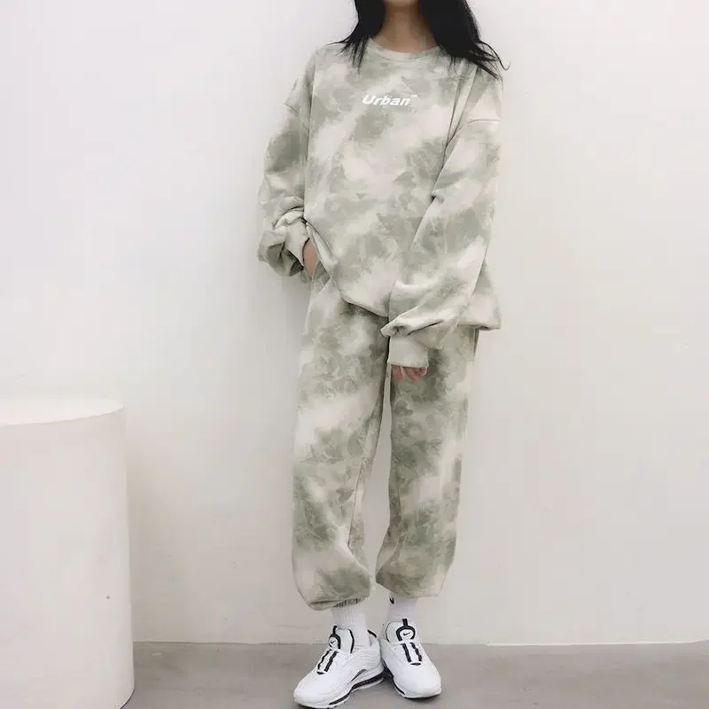 

Cotton Suits Women's Casual Sportswear Spring Autumn Long-sleeved Tie-dye Crewneck Sweatshirt And Trousers Loose Two Piece Sets