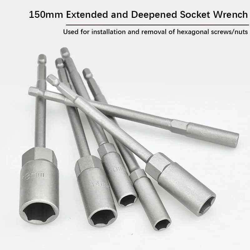 1pcs 6-19mm Extended Deep Socket, External Hex Air Impact Socket, Deepened Electric Nut Socket Screwdriver Bit, 150mm