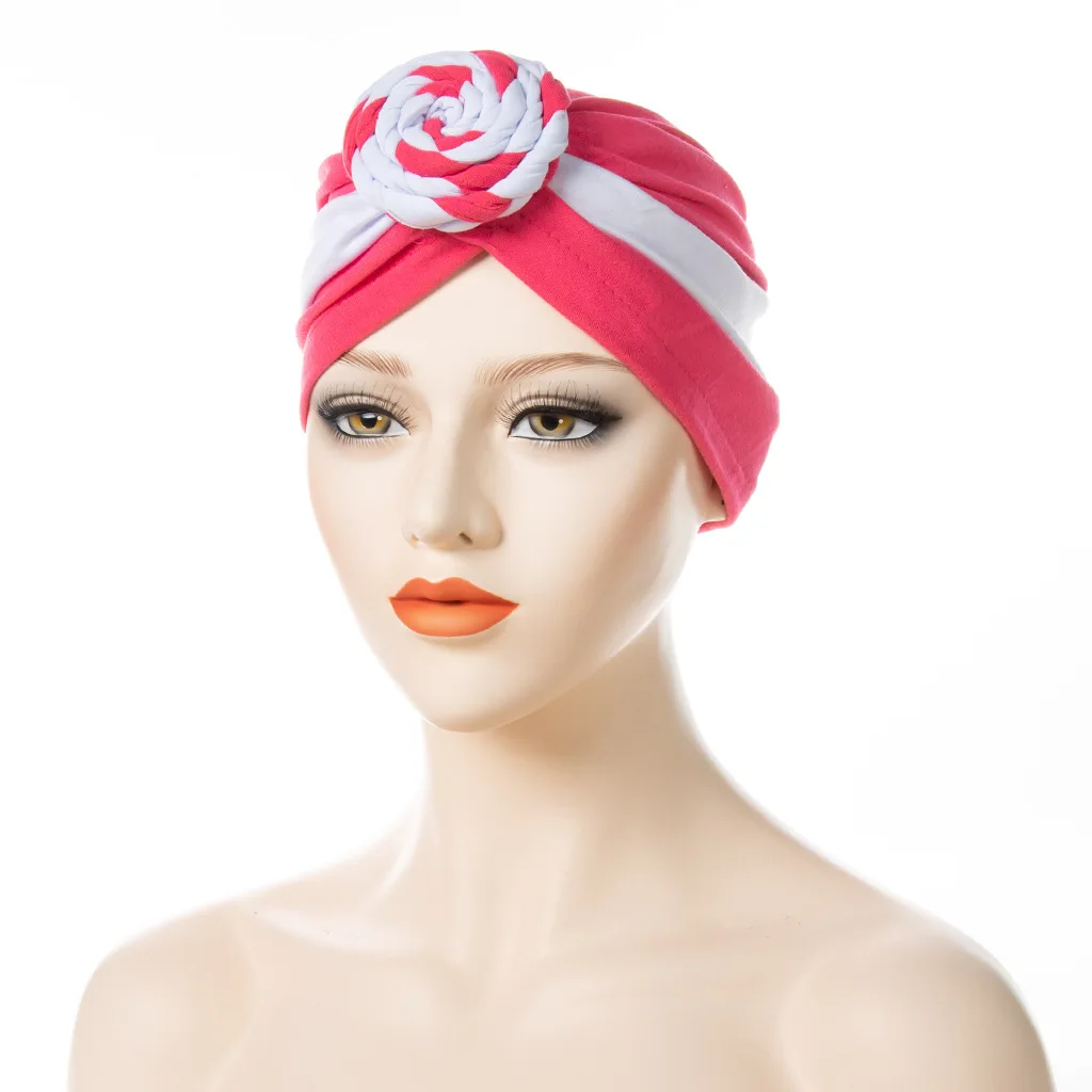 New Women Muslim Headscarf Hat with Rose Pattern Dual Color Elastic Fabric and Floral Base Hat Conservative Lady Headscarf