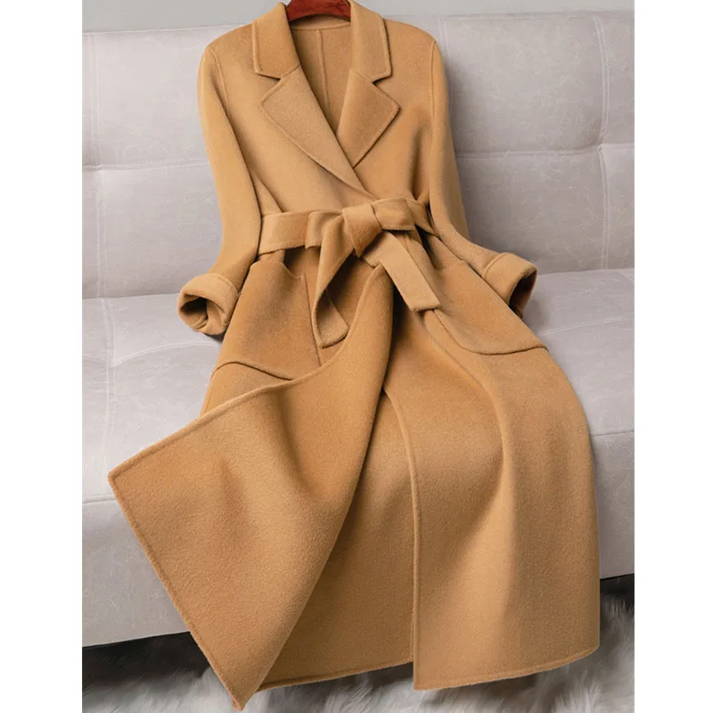 New Solid Double Sided 100%Wool Coat Women Long Korean Fashion Slim Beige Elegant Winter Jacket