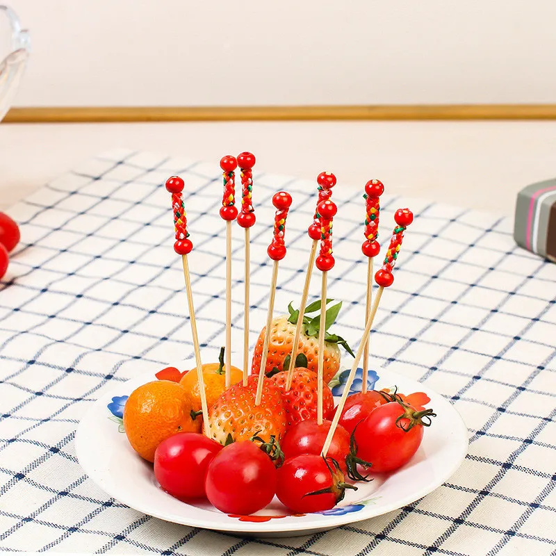 Disposable fruit fork, bamboo double bead string, fruit stick, bamboo stick, creative decoration, fashionable pastry fork